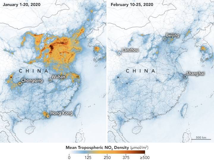 Mapa zanieczyszczenia powietrza tlenkiem azotu (IV) - Chiny - styczeń i luty 2020 