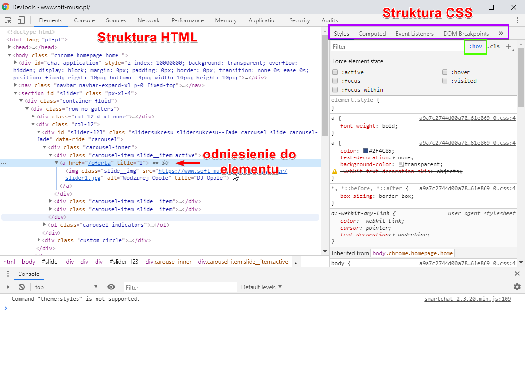 Widok okna devtools