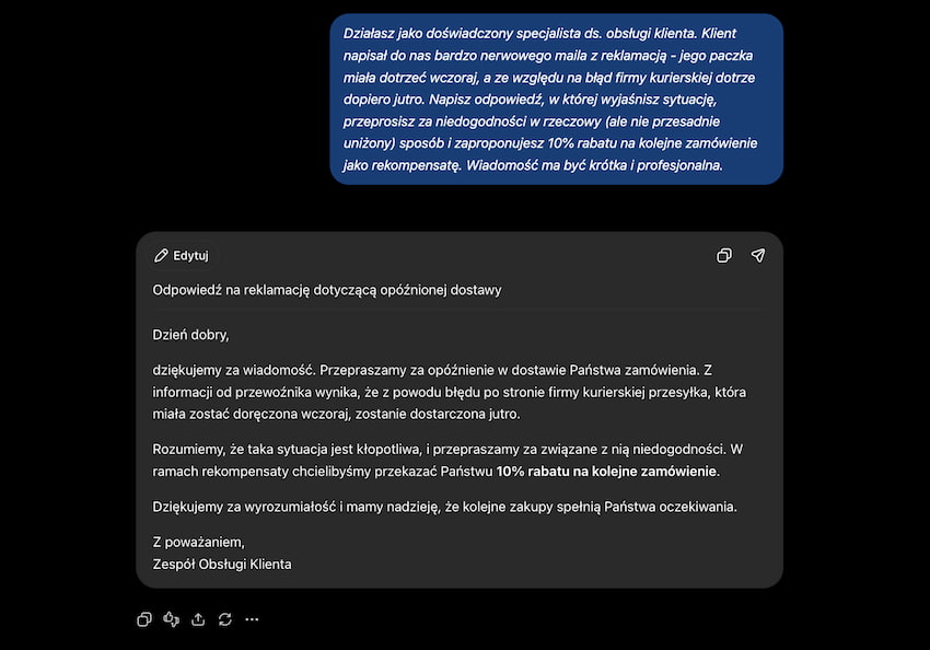 Przykład rozwiązywania reklamacji z ChatGPT
