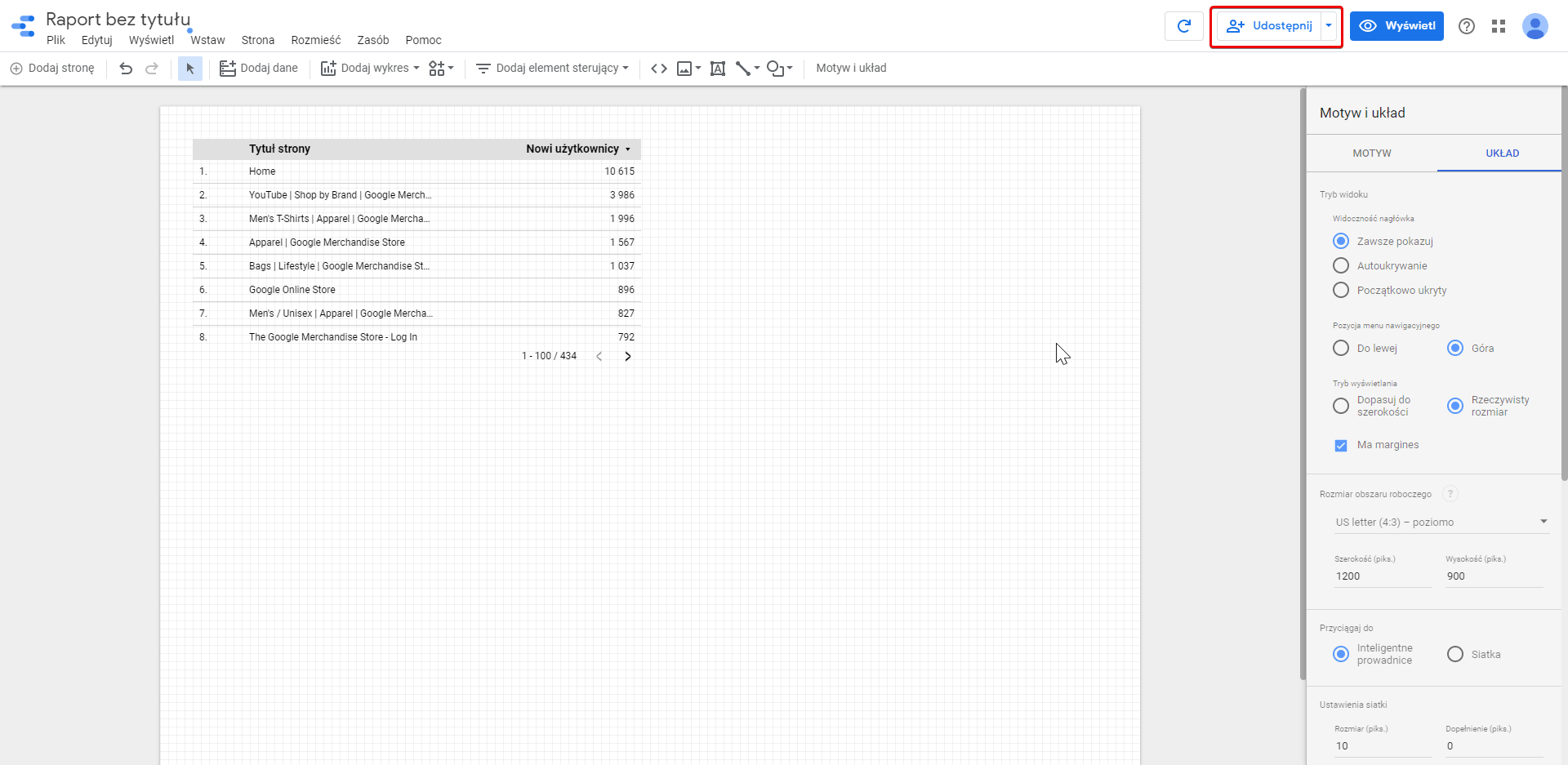 Elementy raportu w Google Data Studio