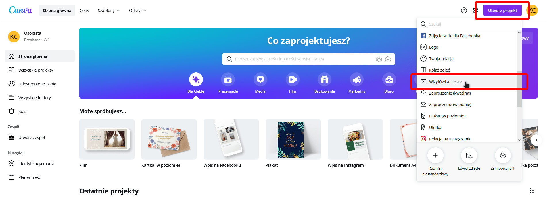 Wizytówka w Canvie