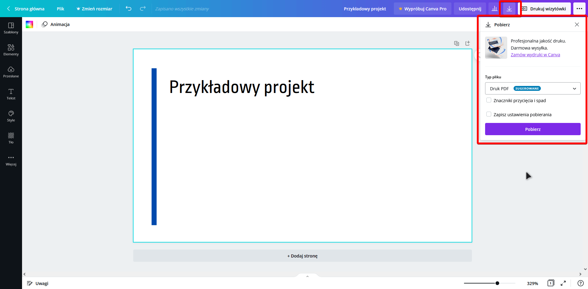 Wizytówka w Canvie - eksport do PDF