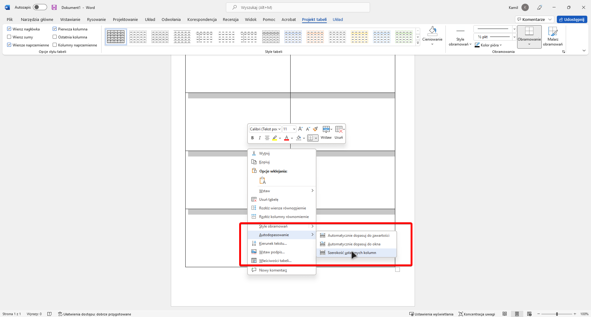 Word - projektowanie wizytówek do wydruku