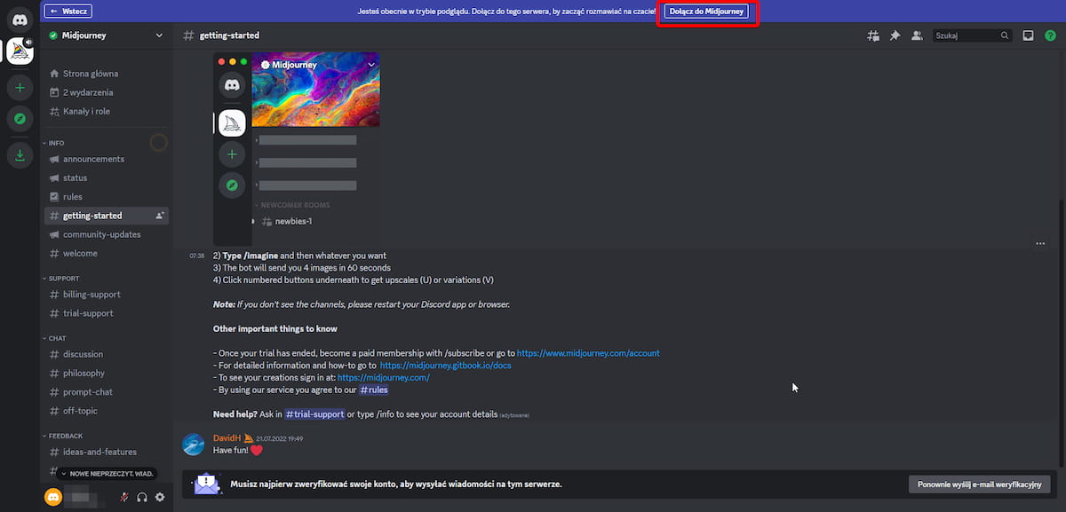 Dołączanie do MidJourney