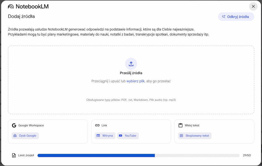 Notebook LM - źródła