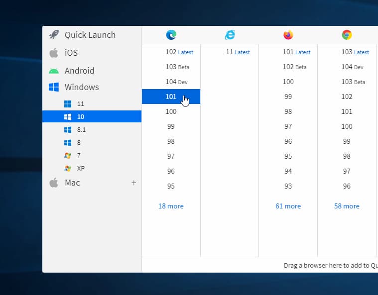 Wybór przeglądarki w BrowserStack