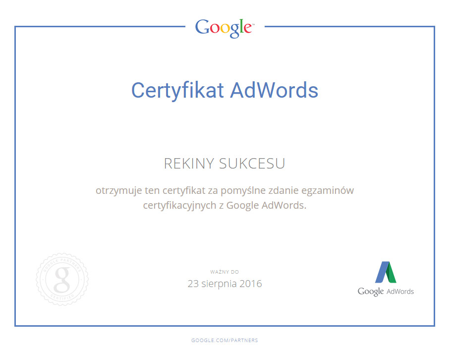 Certyfikat Google Partners - RekinySukcesu.pl