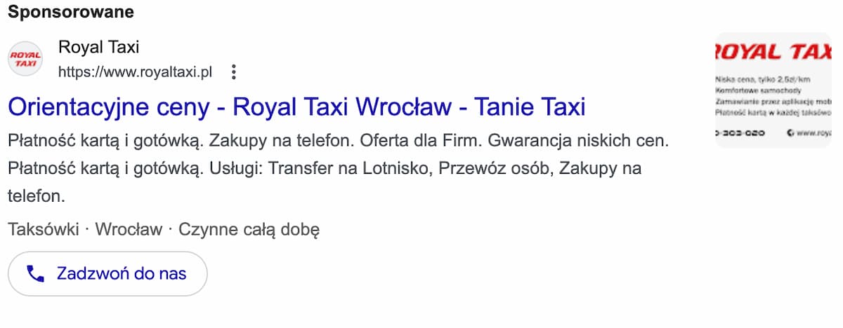 Google Ads - Reklama generująca połączenia dla firmy taksówkarskiej Reklama generująca połączenia dla firmy taksówkarskiej