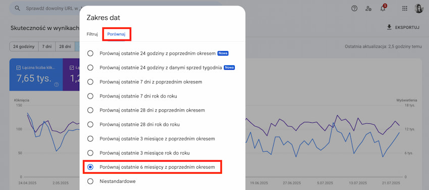 Googole Search Console - porównanie raportów po datach Porównanie raportów w Googole Search Console