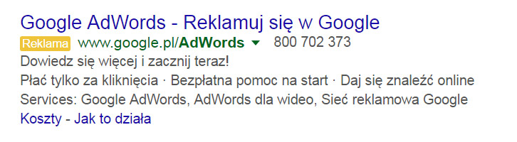 Reklama AdWords przykład