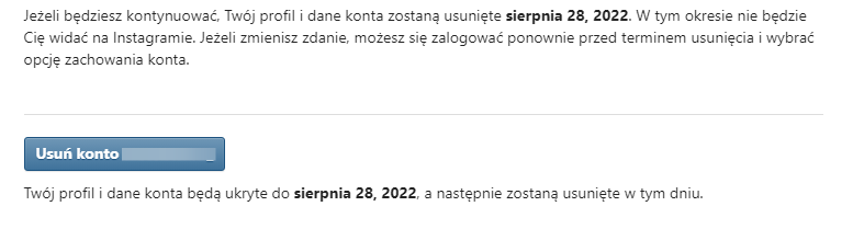 Informacja o usunięciu konta