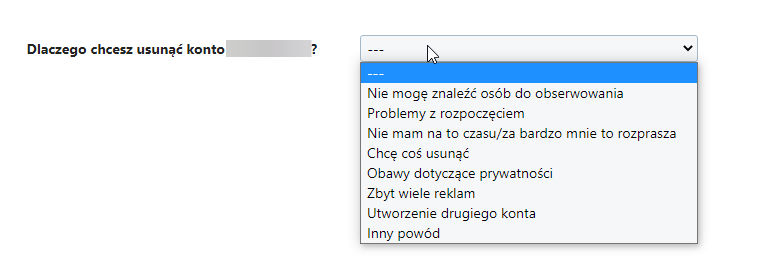 Wybierz powód usunięcia konta